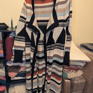 Monroe & Main Black, Cream, Rust & Light Blue Striped Open Cardigan